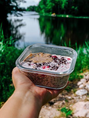 Overnight Berry Oatmeal with lake view