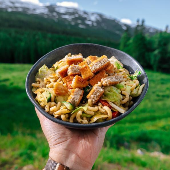 pasta pesto salad with mountain view